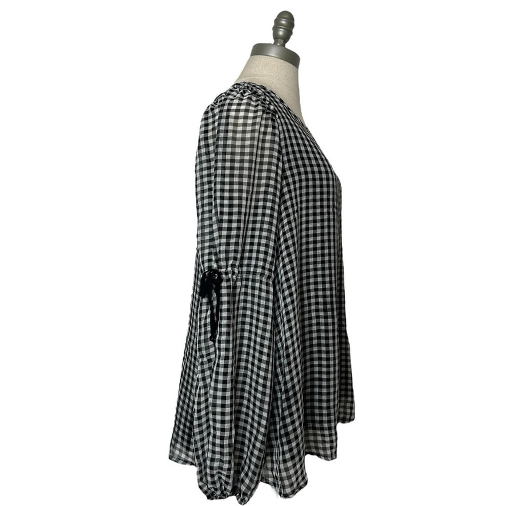 Max Studio Gingham Black White Plaid Long Sleeve Ruffle Tie Sleeve Blouse - Picture 5 of 16